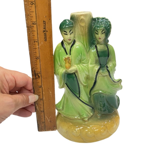 Vintage 1950  Metro Ware Asian Themed Green Ceramic Lamp Base man woman kitsch - Picture 3 of 9
